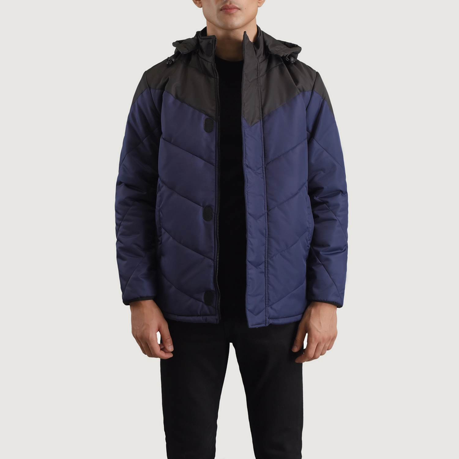 Mens Luka Black & Blue Puffer Jacket Open Front-4-1698700137377